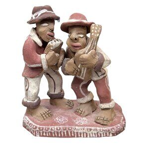 Vintage Handcrafted Peruvian Clay Musicians Figurine Duo In Rustic Attire Jazz